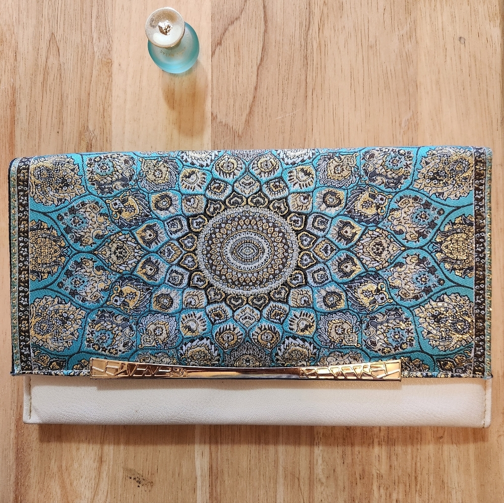 Nwt New Turkey Made Clutch handbag with Gold Hardware Chain Teal Blue